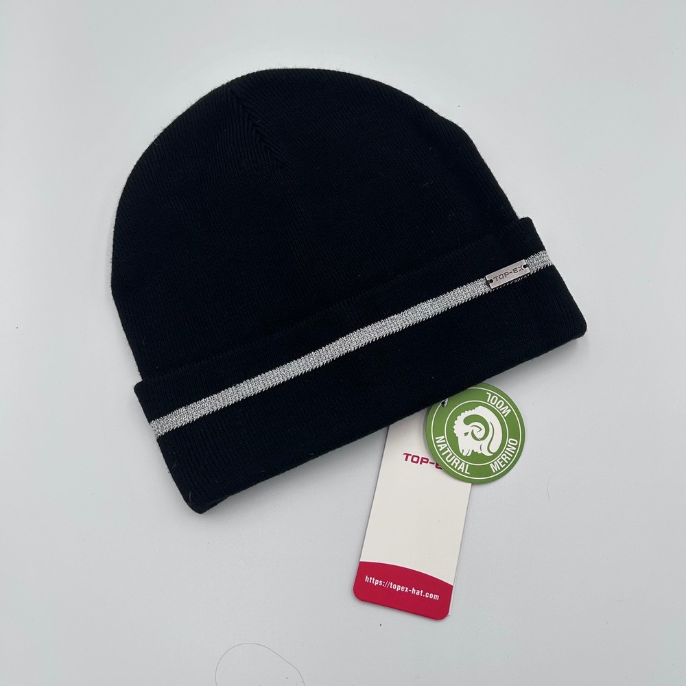 TOP-EX Mens Black Merino Wool Blend Cuffed Beanie Silver‎ Stripe Knit Hat NWT